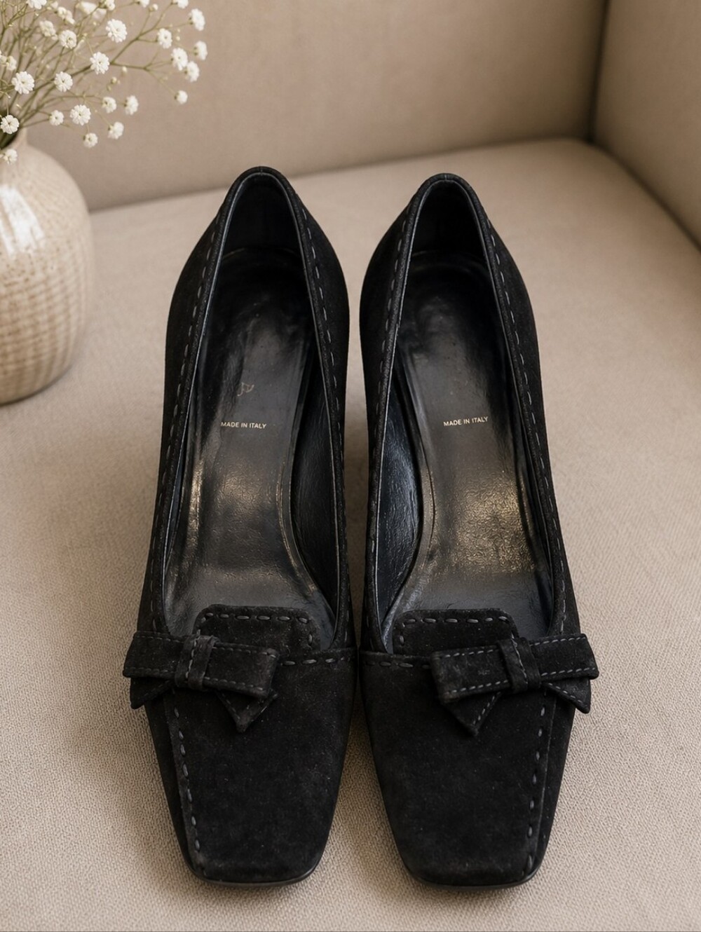 Authentic Vintage Prada Black Suede Square Toe Bow Kitten Heels Size 38.5